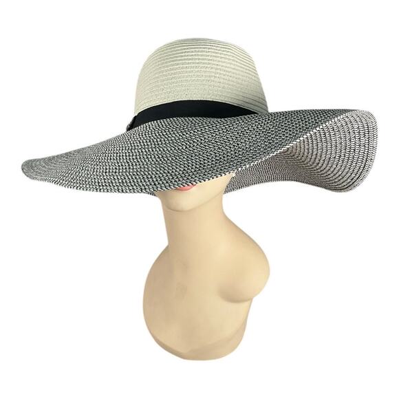 Calvin Klein Wide Brim Straw Sun Hat Drawstring Adjustable Black White Old Money main image 7